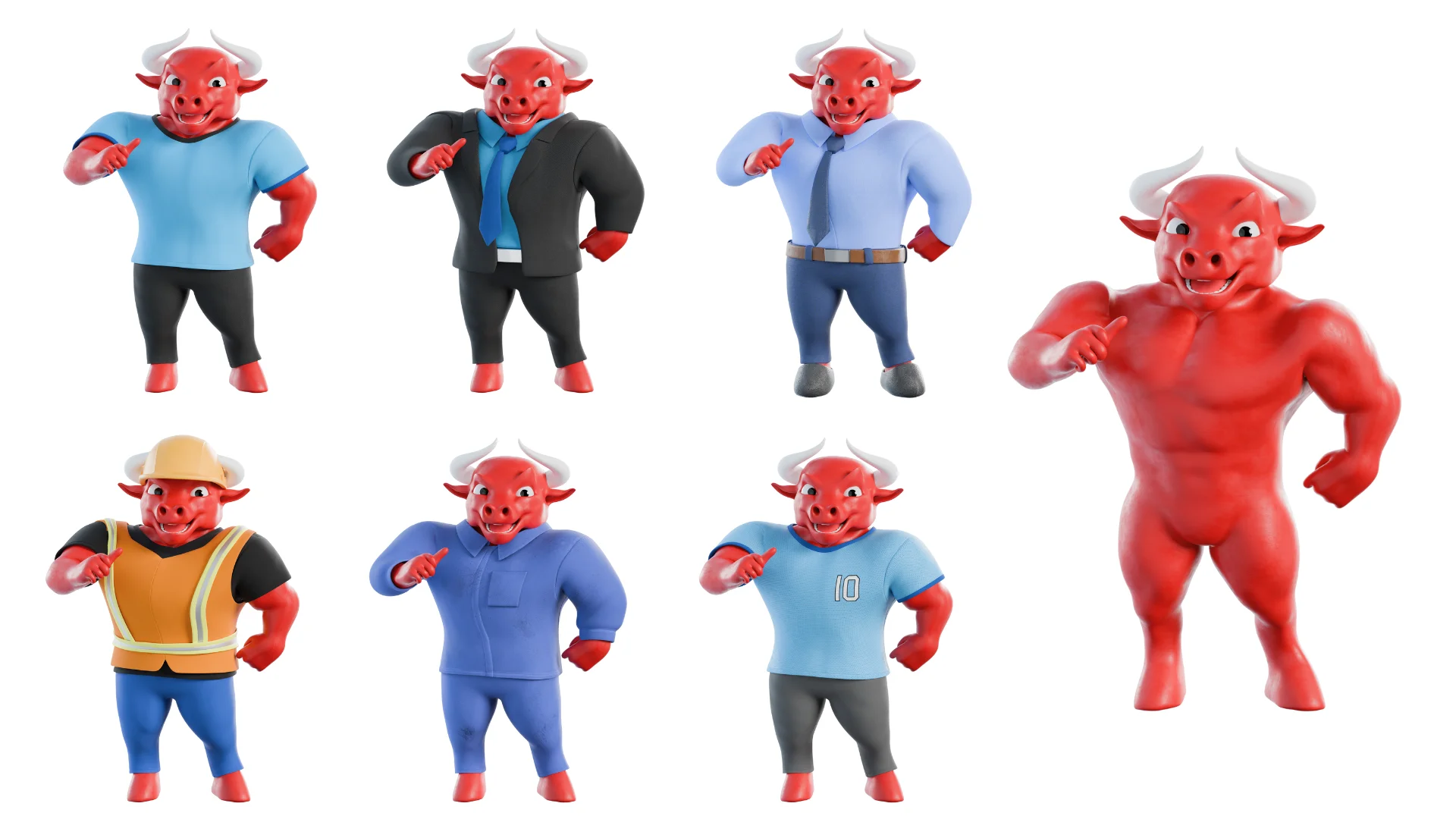 Various professional clothing options for business bull mascot - suit, business casual, corporate uniform